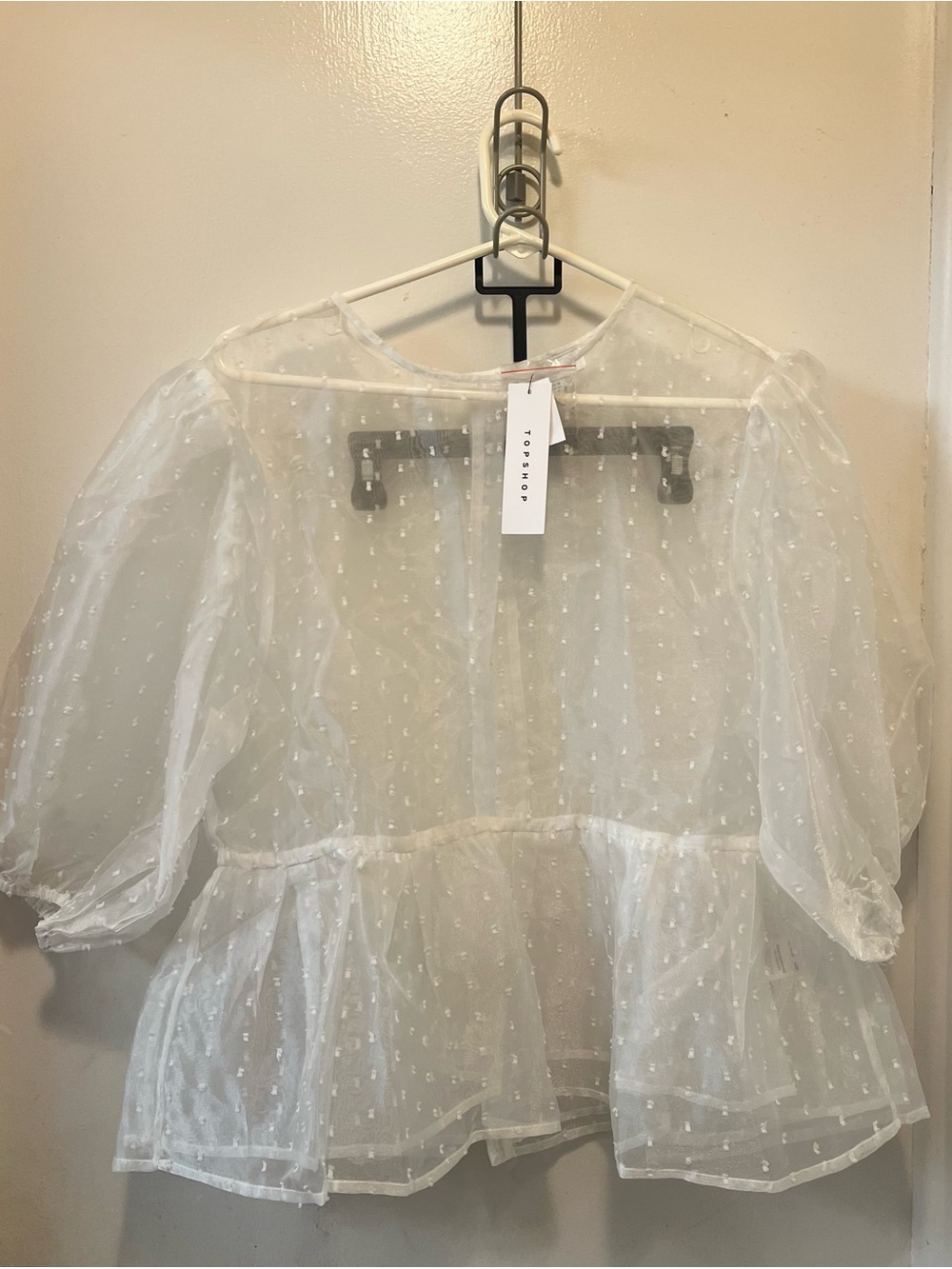 Topshop White Sheer Swiss Dot Peplum Blouse